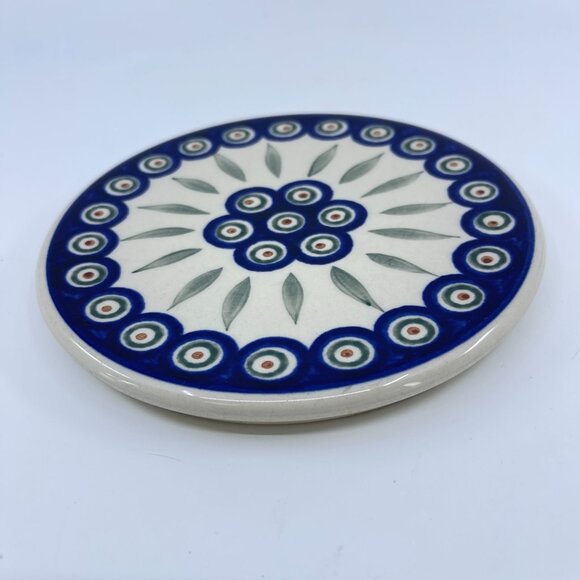 vintage boleslawiec polish pottery trivet "peacock" pattern handcrafted 6 1/2" - Picture 2 of 3